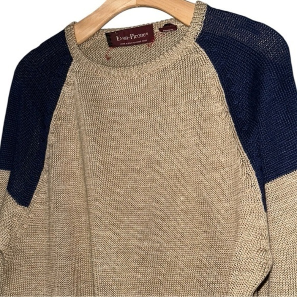 Evan Picone Vintage Men’s Size L Tan Navy Blue Color Block Loose Knit Sweater